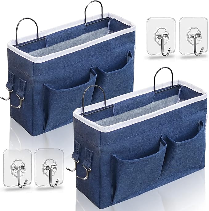 2pcs Middle Wall Hanging Organizer Bag, Linen Fabric Door Hanging Storage Basket with Pockets, Waterproof Bin for Kitchen, Bedroom, Office, RV Camper (Blue)