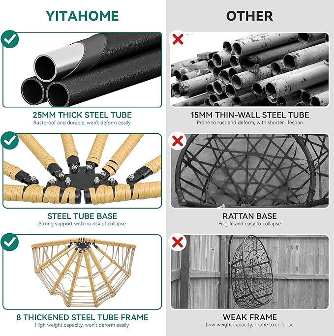 YITAHOME Egg Chair Swing Hanging Outdoor Wicker Hammock Chairs Indoor with Steel Stand Padded Cushion 330lbs for Patio, Bedroom, Garden and Balcony - Beige