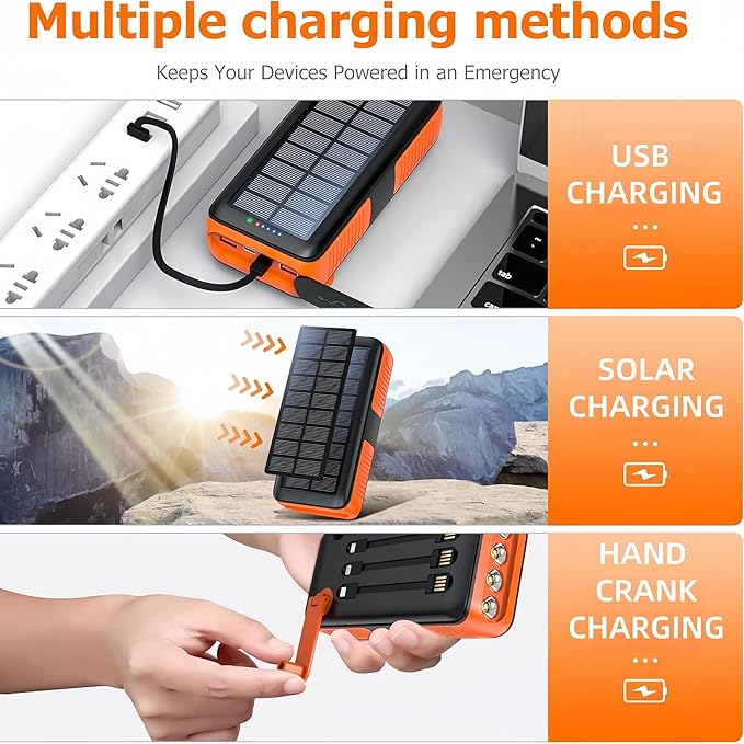 Solar Power Bank Portable Charger 63200mAh Battery Pack, Hand Crank Charger Dual Outputs Inputs 4 LED Flashlight, Fast Charging with Built in Cables Power for Phone Camping Emergency Travel (Orange)