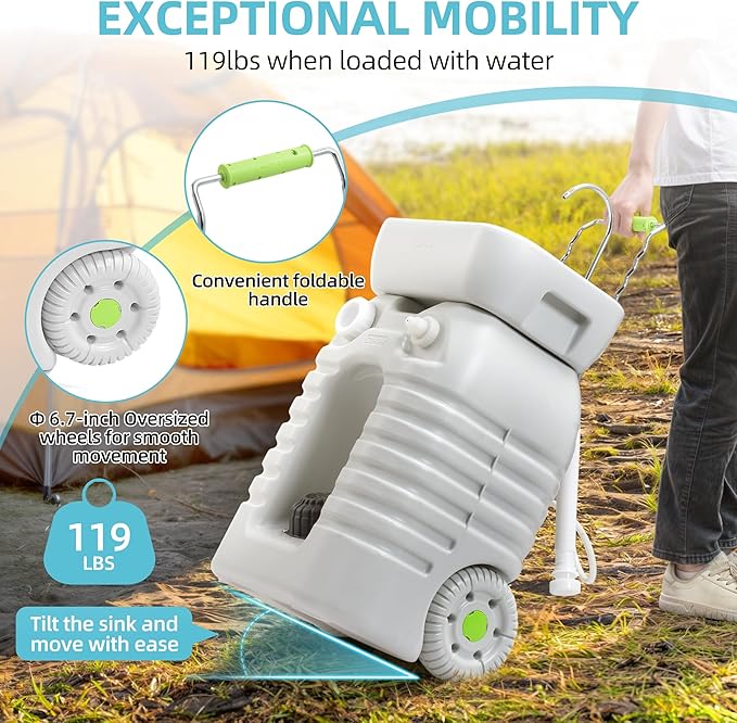 YITAMOTOR Rolling Portable Camping Sink, 45L Handwashing Station with Adjustable Basin, Soap Dispenser, Metal Handle & Large Wheels, Outdoor Washing Stand for Camping, Garden, Worksite, Travel