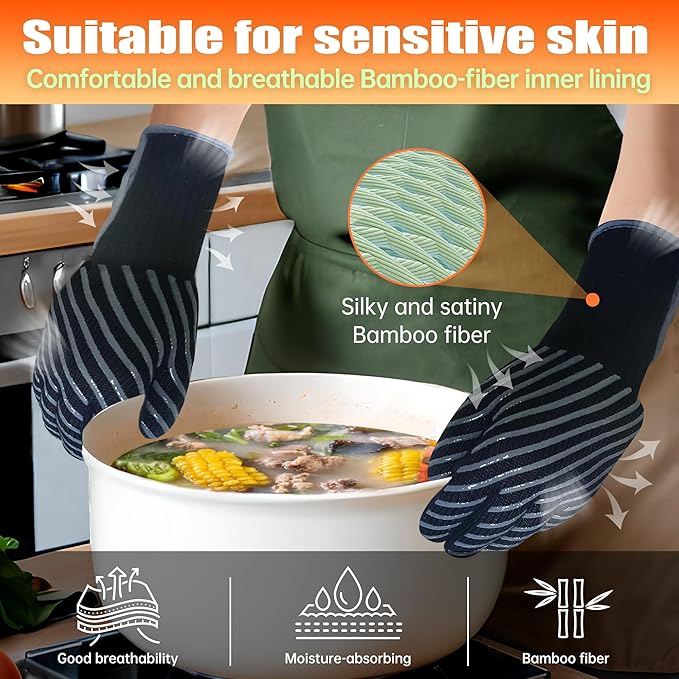 HandLove BBQ Gloves, Oven Gloves with Fingers –1472℉ Heat Resistant Gloves for Grilling | Aramid Retardant Non-Slip Grip, Bamboo-Lining Fire, Black,L