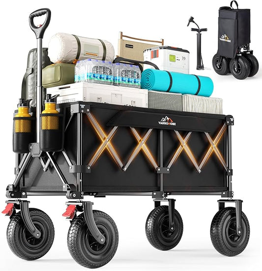 Beach Wagon with 9x3.5" Big Rubber Wheels for Sand, 350lbs Heavy Duty 200L Collapsible Utility Wagon, Easy Transport & Storage, Ideal for Sport, Camping, All-Terrain Outdoor Activities, Black