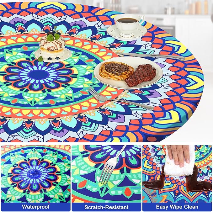 Round Tablecloth Fitted Elastic Table Cover Waterproof Table Cloth for Dinner, Party, Picnic,Camping, Round Table Cover for Indoor Outdoor