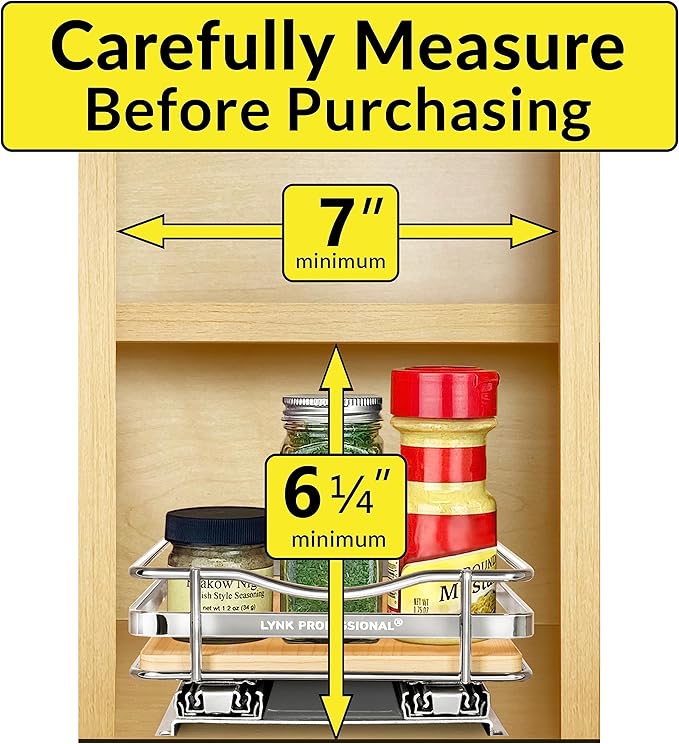 LYNK PROFESSIONAL® Élite™ Pull Out Spice Rack Organizer for Inside Kitchen Cabinets - 6-1/4 inch Wide - Slide Out Drawer – Wood/Chrome Sliding Spice Cabinet Organization Shelf Racks - 1 Tier