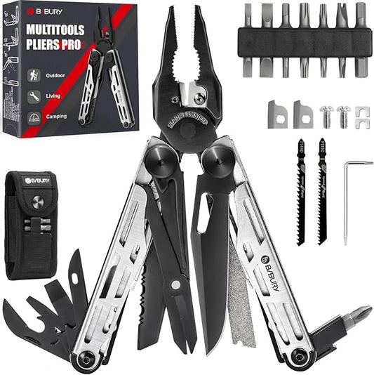 BIBURY Multitool Pliers Pro BI2045, Stainless Steel 31-in-1 Multi Tool Pliers with Replaceable Wire Cutters and Saw,Foldable Multitools with Scissors and Screwdriver, Ideal for Camping,Survival,Repair
