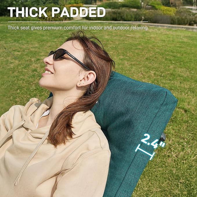 EVER ADVANCED Folding Camping Recliner Chair Fully Padded with Adjustable High Back Support Portable for Adults Patio Reclining Chair Green