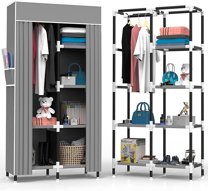 Portable Closet Wardrobe with 6 Storage Shelves and 1 Hanging Rack | Small Closet Clothes Organizer Portable Wardrobe Closet for Hanging Clothes (Grey, Small)