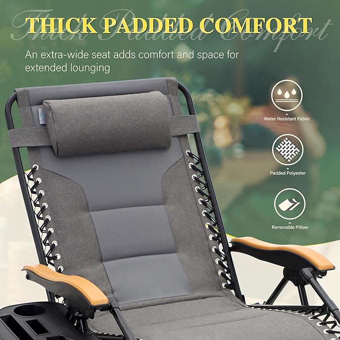 PHI VILLA XXL Oversized Padded Zero Gravity Chair, Foldable Patio Recliner, 30" Wide Seat Anti Gravity Lounger with Cup Holder, Support 400 LBS (Gray)
