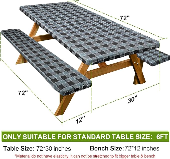 Picnic Table Cover with Bench Covers Camping Essentials Waterproof Windproof Camping Tablecloth with Drawstring Bag, Fitted Rectangle Tables and Seats, 72in, Small Gray Plaid