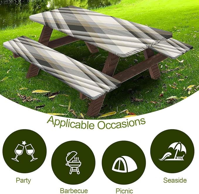 CAPSCEOLL Elastic Picnic Table Cover with Bench Covers 5Ft Waterproof Fitted Picnic Table Cover Cloths for Outdoors Camping Tablecloth with Drawstring Bag, 60X30in, Grey White