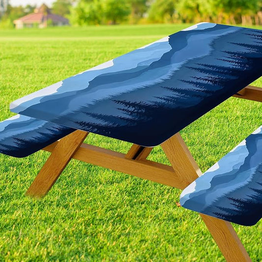 Picnic Table Cover with Bench Covers Elastic Edges, Blue Grey Mountain Pine Table Cover, Waterproof Windproof Fitted, for Outdoor Camping Patio Garden , Drawstring Bag,72 in
