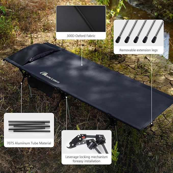 MOON LENCE Height Adjustable Camping Cot - Supports 330 lbs, Portable Folding Bed with Leg Extenders & Camping Pillow for Camping, Hiking, Sleeping, Black