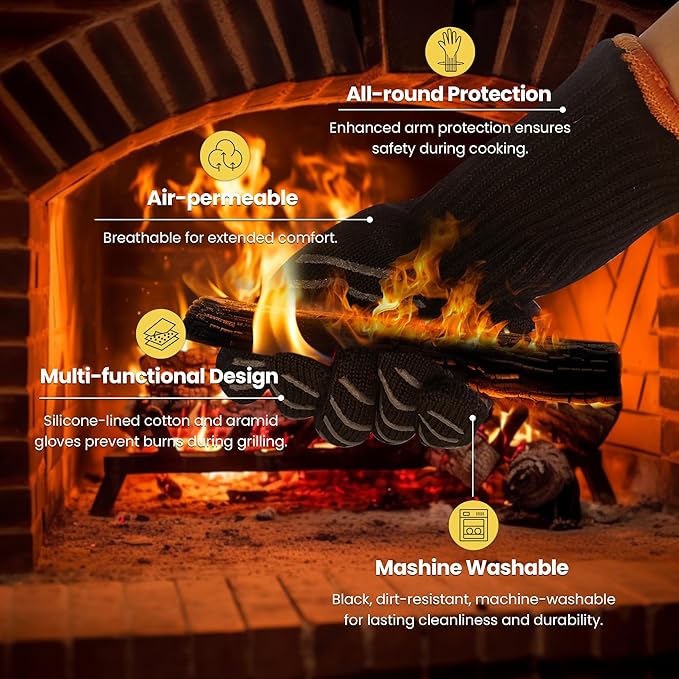 HandLove BBQ Gloves, Oven Gloves with Fingers –1472℉ Heat Resistant Gloves for Grilling | Aramid Retardant Non-Slip Grip, Long Cuff Mitts, Black,L