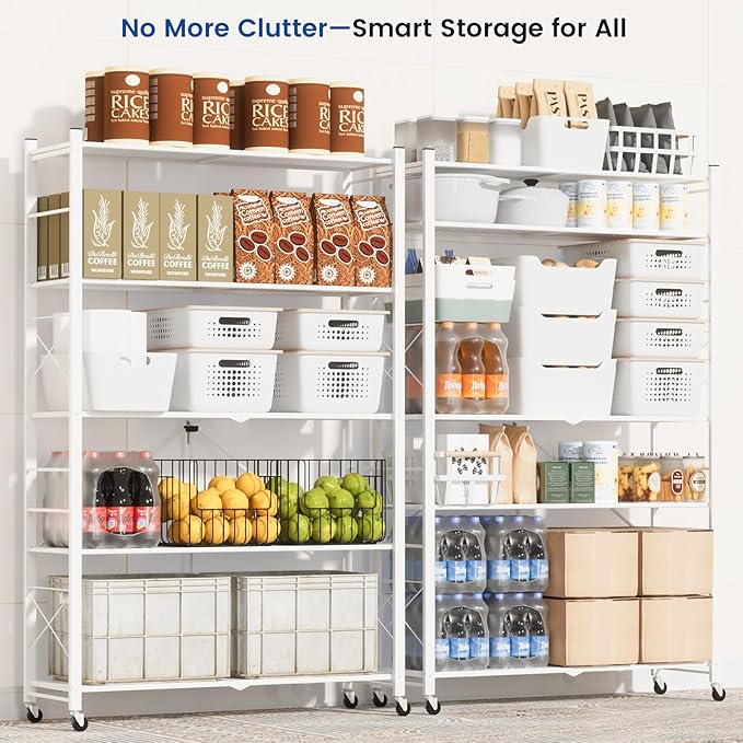 ALANNG 39.4" Wide Folding Storage Shelves with Wheels, Adjustable Metal Shelving Unit, Standing Shelf Organizer for Closet Kitchen Garage Laundry Pantry (White,1 Pack)