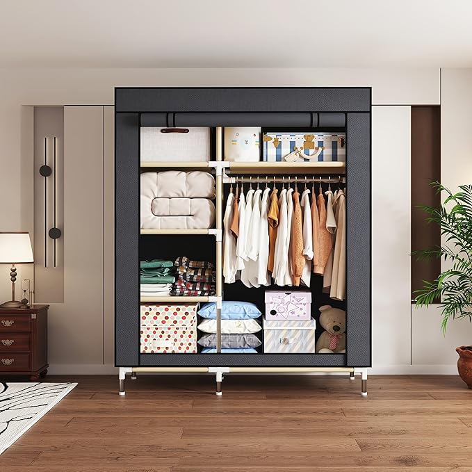 Portable Wardrobe Closet Durable and Easy to Assemble Heavy Duty Clothes Rack with Non-Woven Cover Fabric Best for Bedroom and Easy Storage and Organization (Grey-C)