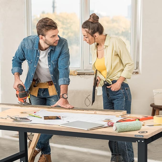 WORKPRO 60" Adjustable Workbench, Rubber Wood Top Heavy-Duty Workstation, 2000 LBS Load Capacity Hardwood Worktable with Power Outlets, for Workshop, Garage, Pack of 10