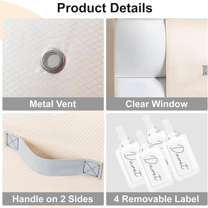 Comforter Storage Bag - 130L Large Capacity Blanket Storage Bags 3-Layer Ultra Space Saving Self Compression Organizer, Washable Compression Bags for Storage Comforter Blanket, 4-Pack, Beige