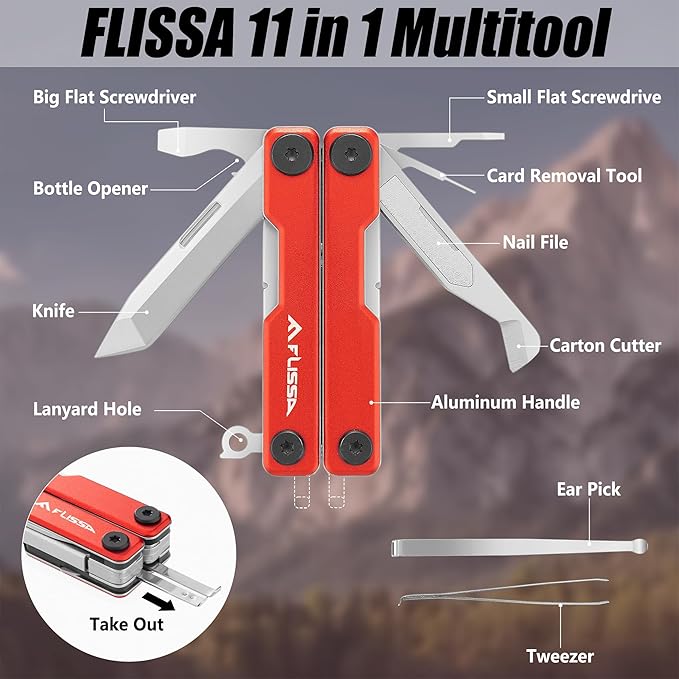 FLISSA Multitool Scissors, 11-in-1 Multi Tool Pocket Knife, Stainless Steel Mini Multitool with Bottle Opener, Screwdriver, Aluminum Handles, Spring - EDC for Outdoor, Camping, Hiking, Fishing, Red