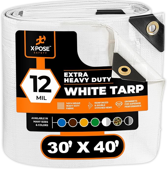Heavy Duty White Poly Tarp 30' x 40' Multipurpose Protective Cover - Durable, Waterproof, Weather Proof, Rip and Tear Resistant - Extra Thick 12 Mil Polyethylene - by Xpose Safety