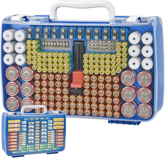 Battery Organizer Storage Holder Case with Double-Sided, Garage Box with Tester Checker. Batteries Container for 269pcs AA AAA AAAA 3A 4A 9V C D Lithium 4LR44 CR2 CR123A CR1632 CR2032 18650 - Blue