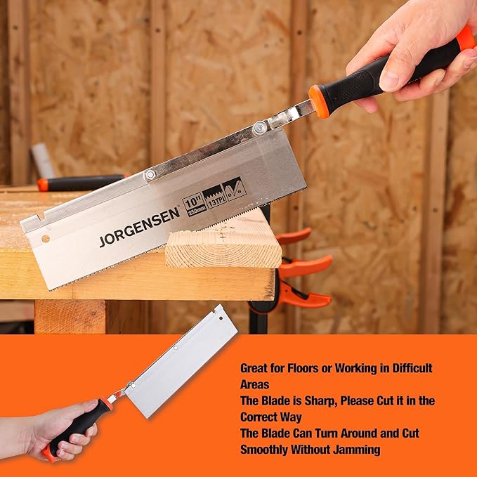 JORGENSEN 10" Dovetail Reversible Saw, Professional Cutting Jamb Saw, 13TPI Double Ground Teeth Flush Cut Saw Spring Loaded Design Cranked Soft Handle, Shorten Door Frame, Tile Installation and Prep