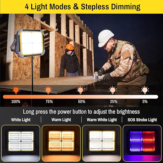 ERAY LED Work Light with 4 Solar Panel, 150W 12000mAH Rechargeable Worklight with 336 LED Beads/4 Modes/IP64/Stepless Dimming, Portable Job Site Light for Emergency Workshop（Grey