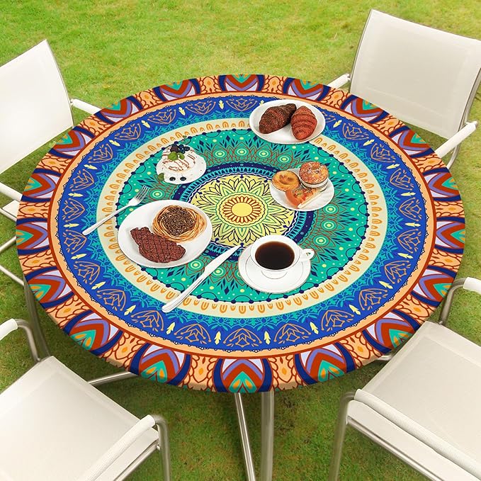 Round Tablecloth Fitted Elastic Table Cover Waterproof Table Cloth for Dinner, Party, Picnic,Camping, Round Table Cover for Indoor Outdoor