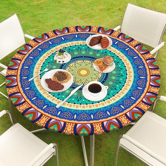 Round Tablecloth Fitted Elastic Table Cover Waterproof Table Cloth for Dinner, Party, Picnic,Camping, Round Table Cover for Indoor Outdoor