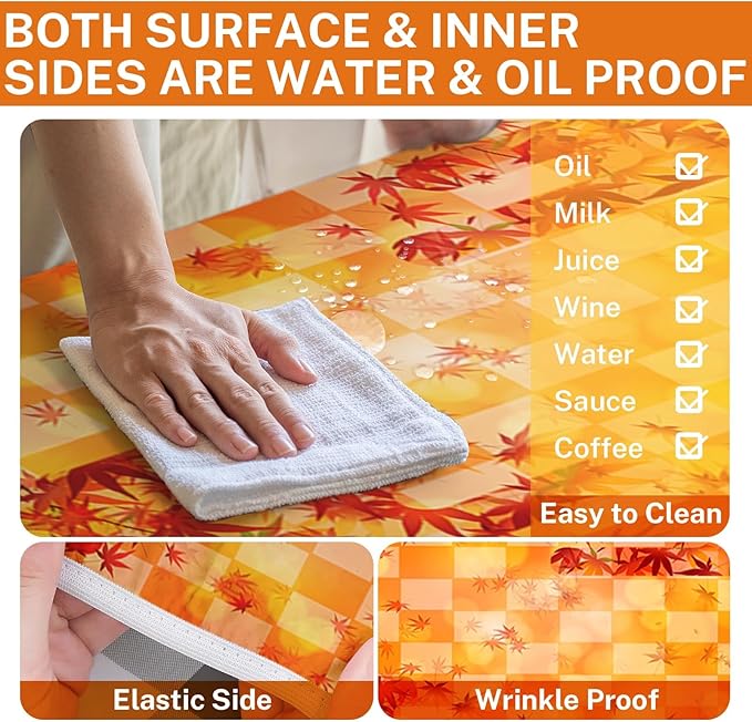 Picnic Table Cover with Bench Covers Elastic Edges, Fall Fitted Table Cover, Outdoor Patio Camping Essentials 72 Inch 3PCS, Waterproof Camping Fitted Tablecloth with Drawstring Bag