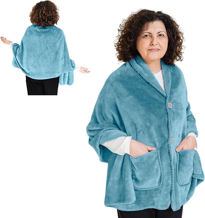 Fleece Poncho Blanket -No Sleeves- Lightweight Warm Wrap Shawl - Wearable Blanket - Lap Blanket - Gift for Grandma (100% Fleece, Royal Sky)