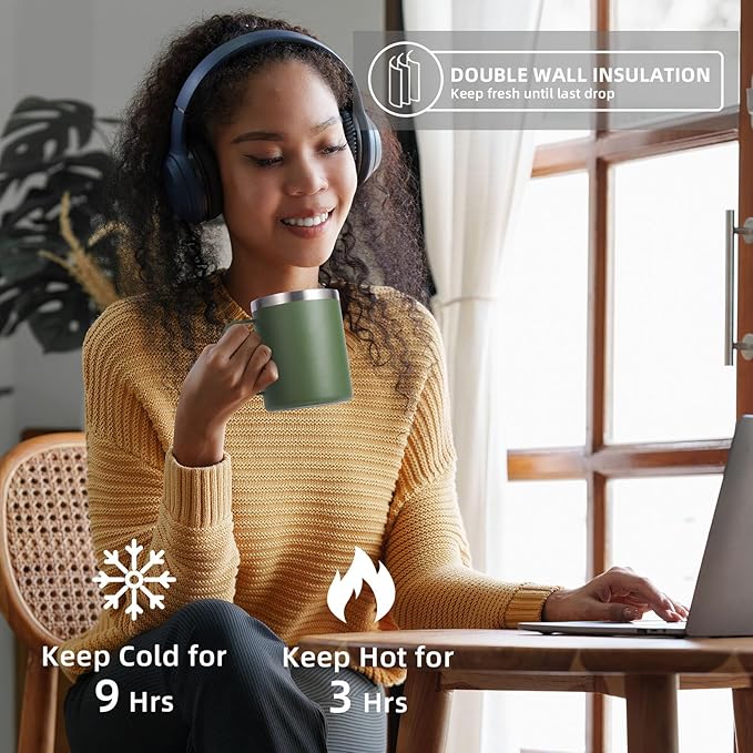 Volhoply 12oz Insulated Leakproof Coffee Mug with Flip & Straw Lid,Double Wall Vacuum Stainless Steel Travel Tumbler Cup with Handle,Reusable Camping Mugs Keep Cold/Hot(Army Green,1 Set)