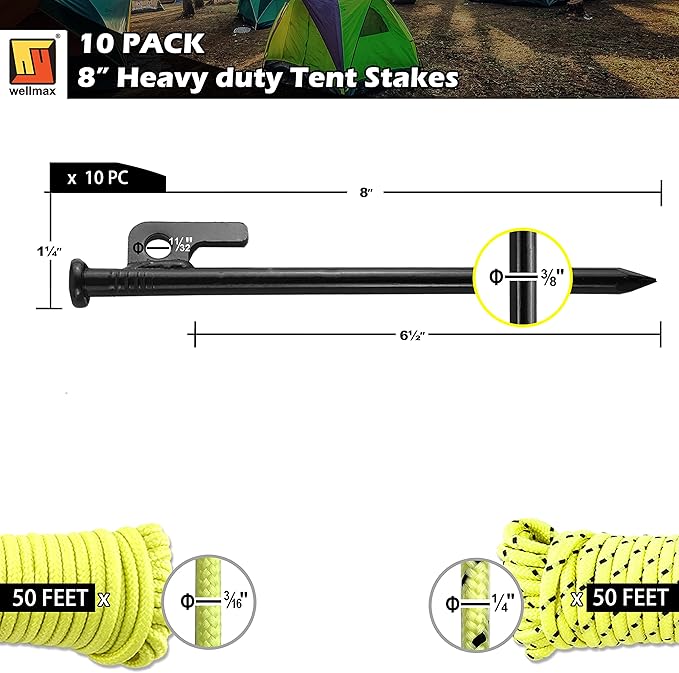 Wellmax 10PC Heavy Duty Tent Stakes with 2PC Glow in Dark Rope 3/16" x50ft and 1/4" x50ft (Black)