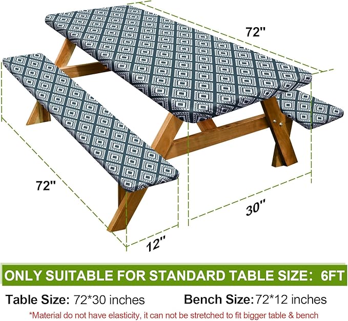 Picnic Table Cover with Bench Covers Camping Essentials Waterproof Windproof Camping Tablecloth with Drawstring Bag, Fitted Rectangle Tables and Seats, 72in, Blue Green Plaid