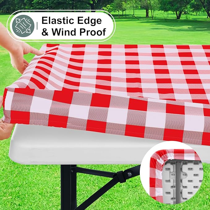 misaya Buffalo Rectangle Picnic Tablecloth, 6 Foot Elastic Fitted Vinyl Table Cloth with Flannel Backing, Waterproof Plaid Table Covers for Dining, Camping, Outdoor (Red and White, 30" x 72")