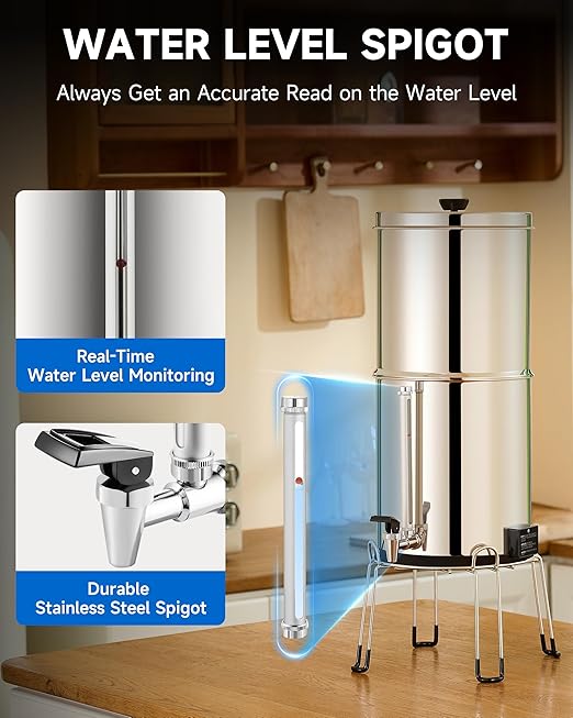 CO-Z Gravity-Fed Water Filter System, 2.25 gal UV Countertop Water Filtration System, Stainless Steel Water Purifier with 2 Carbon Filters, Water Level Spigot, Chamber Stand, NSF/ANSI 42 Certification