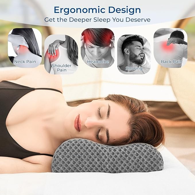 Travel Pillow Memory Foam Pillows, Ergonomic Wave Cervical Neck Pillow for Neck Pain Relief, Compressible Medium Firm Side Sleeper Pillow, Ideal for Camping, Office, Home & Bed (Dark Grey, S)