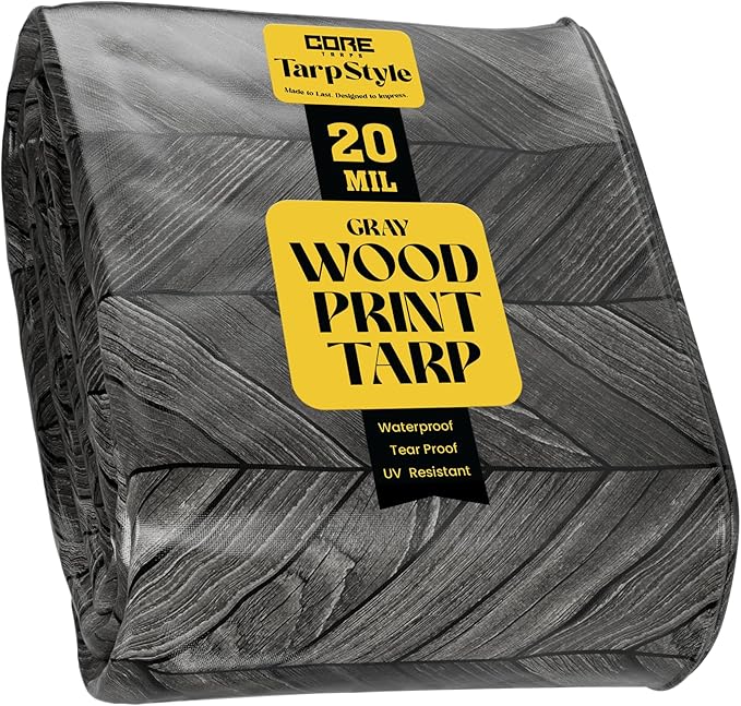 Core Tarps Extreme Heavy Duty 20 Mil Tarp Cover, Waterproof, UV Resistant, Rip and Tear Proof, Poly Tarpaulin with Reinforced Edges for Roof, Camping, Patio, Pool, Boat (Grey Wood/Black 12′ X 16′)