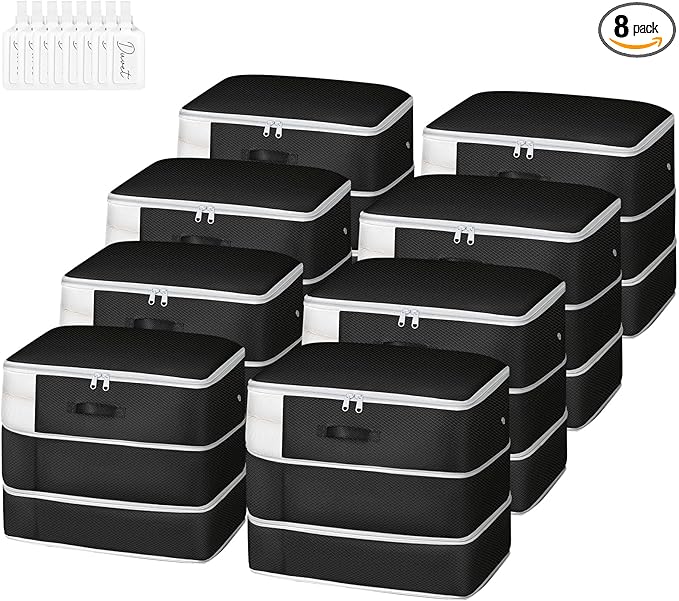 Comforter Storage Bag - Large Capacity Blanket Storage Bags 3-Layer Ultra Space Saving Self Compression Organizer, Washable Compression Bags for Storage Comforter Blanket, 8-Pack, Black