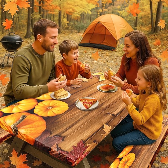 Picnic Table Cover with Bench Covers Elastic Edges, Pumpkin Fall Fitted Table Cover, Outdoor Patio Camping Essentials 72 Inch 3PCS, Waterproof Camping Fitted Tablecloth with Drawstring Bag