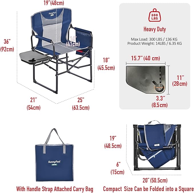 SUNNYFEEL Oversized Camping Directors Chair, Portable Folding Lawn Chairs for Adults Heavy Duty with Side Table,Pocket for Beach, Fishing,Picnic,Concert,Tailgating, Outdoor Foldable Camp Chair