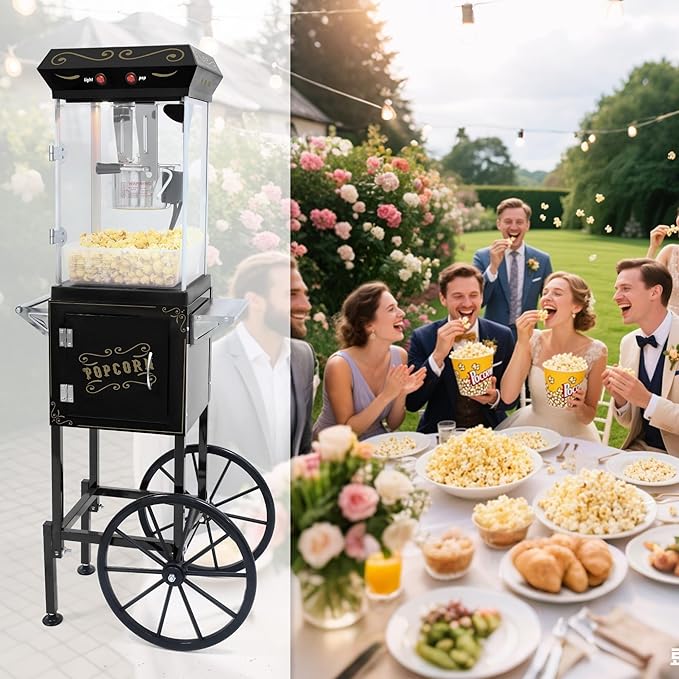 Popcorn Maker Machine - Professional Cart With 6 Oz Kettle Makes Up to 25 Cups, Stainless Steel Vintage Commercial Popcorn Machine Movie Theater Style (Black)