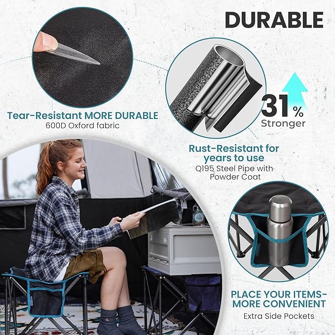 FUNDANGO Folding Camping Stool, 18.1 Inch Oversized Foot Rest 440 Lbs Heavy Duty Portable Padded Stools Seat Anti-Slip Foots & Carry Strap for Fishing Outdoor Lawn Travel (Black)