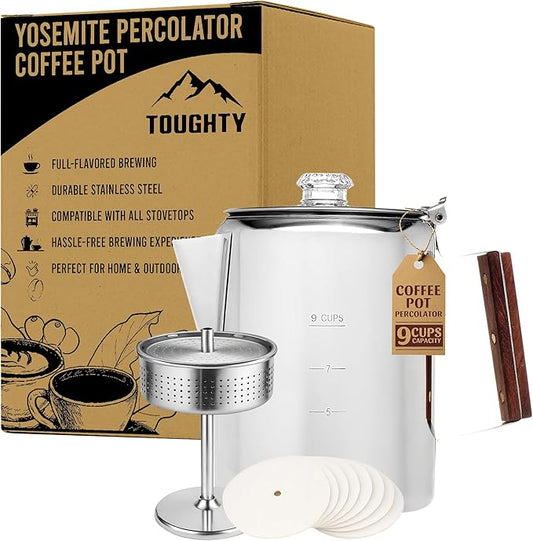 Toughty Yosemite Percolator Coffee Pot – Classic Coffee Percolator Stovetop for Camping & Home – Durable Stainless Steel - Gas, Electric & Induction Stoves – Old-Fashioned Style Pot – Silver – 9 Cups