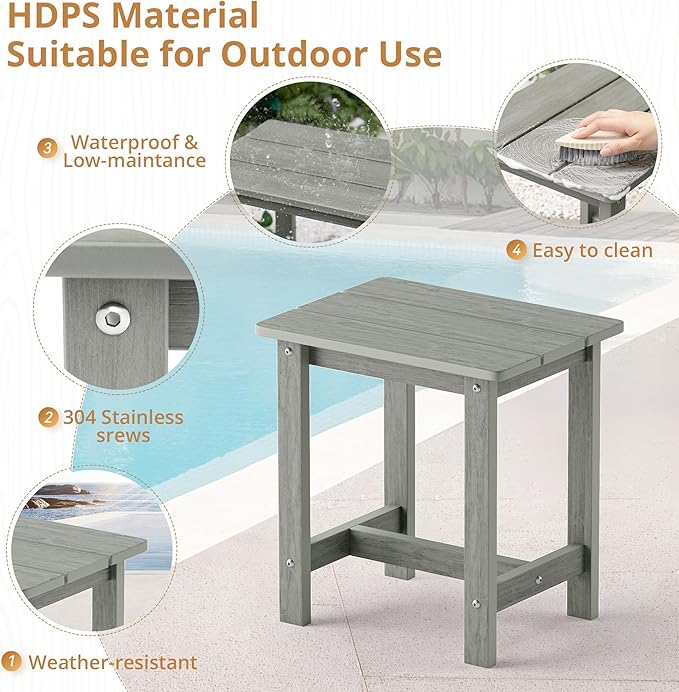 LUE BONA Outdoor Side Table Set of 2, HDPS Small Outdoor Table, Adirondack Side Table, Outside End Table for Patio, Porch, Deck, Pool, Weather Resistant/Easy Maintenance/Indoor or Outdoor Use, Gray