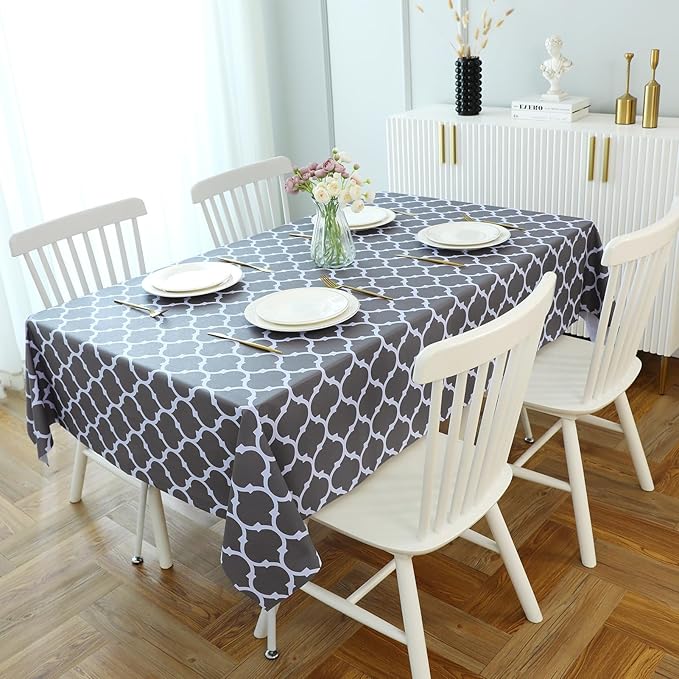 Romanstile Rectangle Plastic Tablecloth, 100% Waterproof Oil-Proof Checkered PVC Table Cloth, Heavy Duty Vinyl Table Cover for Dining, Camping, Picnic, Outdoor - 54 x 78 Inch, Moroco Grey