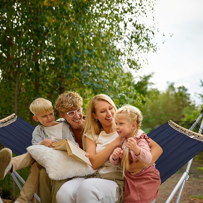 Tranquillo Ultimate Relaxation Portable Hammock Stand, Foldable Hammock Stand with Canvas Hammock, Spreader Bar, Quick Fold Unfold in 30 Seconds Steel Frame Hammock 600 lbs Capacity, White/Navy