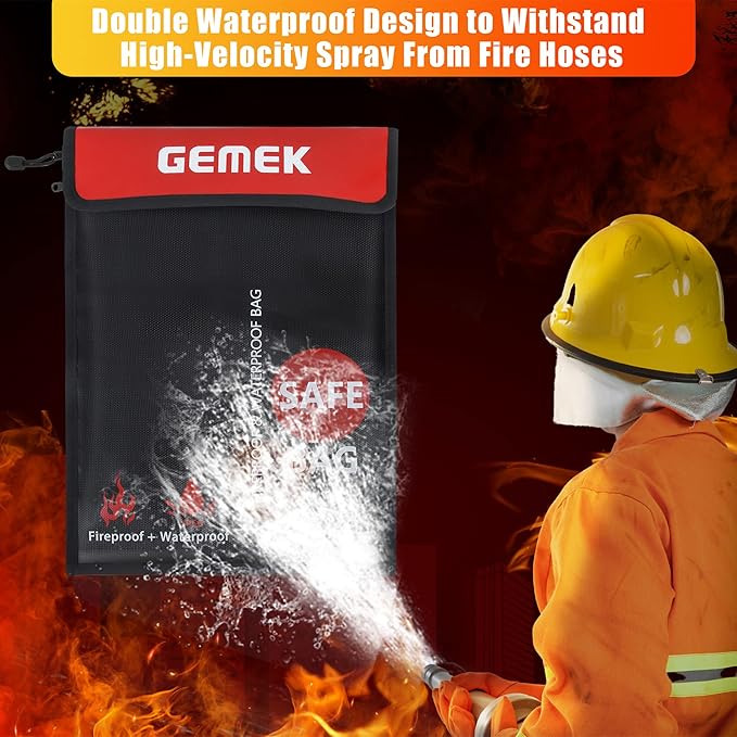 Fireproof Document Bag (2000℉) Upgraded 2 Pockets, GEMEK 15”x 11” Fireproof and Waterproof Money Bag Fireproof Safe Storage for Money, Documents, Jewelry and Passport (Black - 2 Zipper)