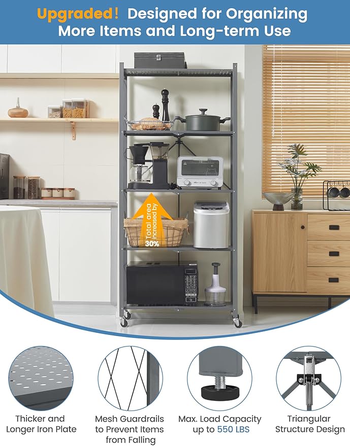 ALANNG 70.7" H Metal Storage Shelves, 5 Tier Folding Shelf on Wheels, Heavy Duty, No Assembly, Rolling, Collapsible Rack Unit for Kitchen, Basement, Pantry (Gray,3 Pack)