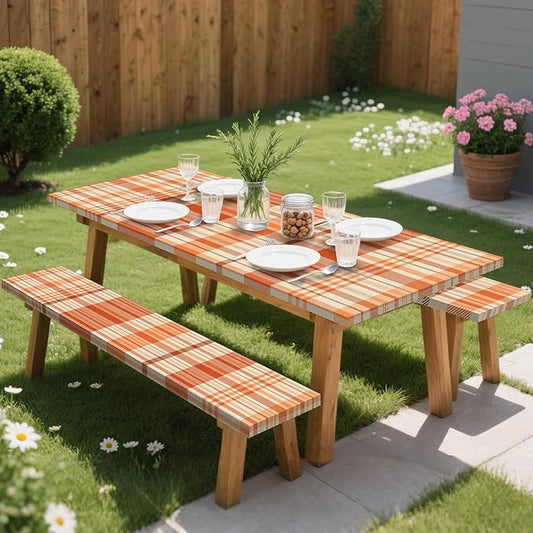 Orange Picnic Table Cover with Bench Covers, 3 Pcs Waterproof Elastic Picnic Table Cover Fall Outdoor Camping Essentials, Windproof Fitted Tablecloth for Indoor Outdoor (Plaid, 60X30 Inch)