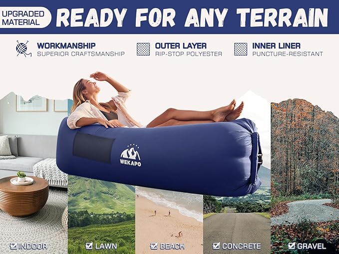 WEKAPO Inflatable Couch with Pump - Easiest Setup, Crazy Comfy & Ultralight - Blow up Lounger Chair Perfect for Hiking, Camping, Beach, Festivals - Lightweight Air Sofa for Relaxing Anywhere (Navy)